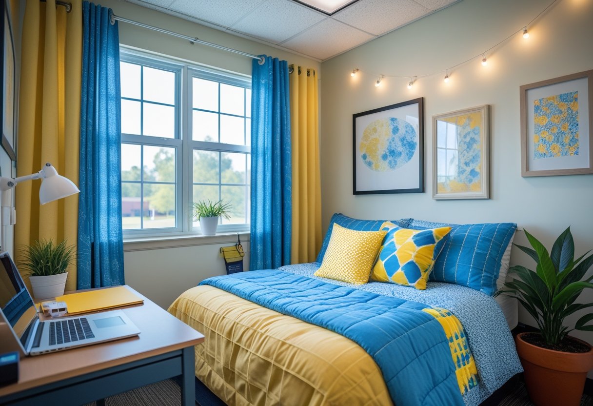 A dorm room with a bed, desk, window, and colorful decorations.