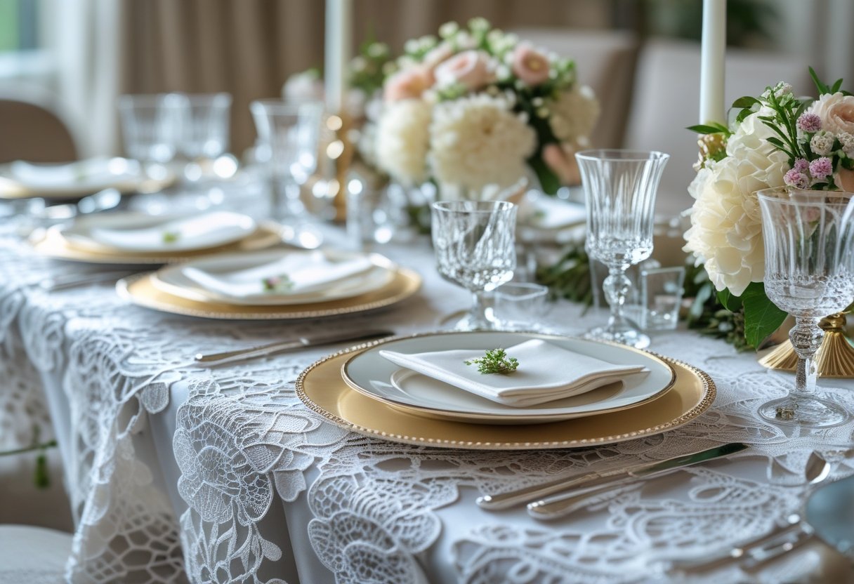 A dining table set with white lace tablecloths, fine china, crystal glasses, silverware, and floral centerpieces.
