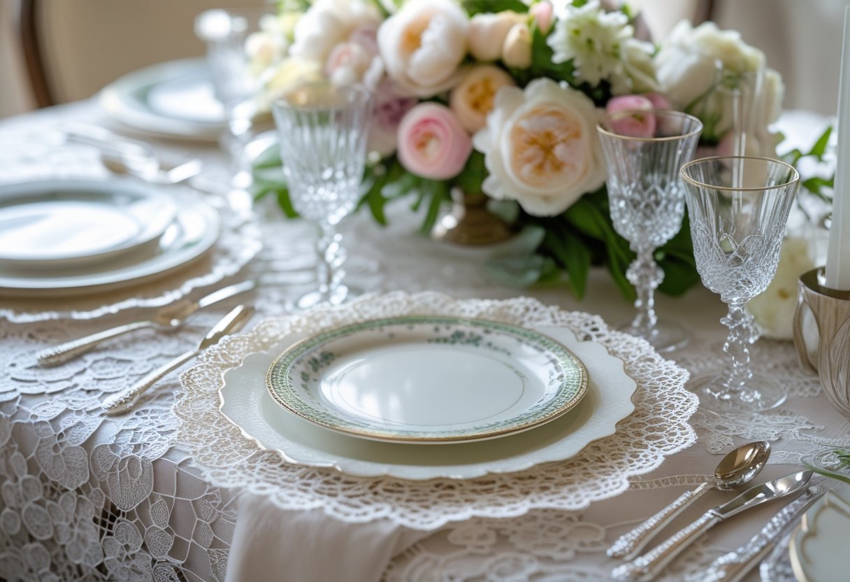 A dining table set with a white lace tablecloth, fine china, crystal glasses, silverware, and floral centerpieces.