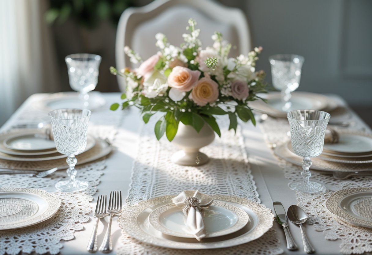 A dining table set with white lace table runners, fine china, silverware, crystal glasses, and a vase of fresh flowers.