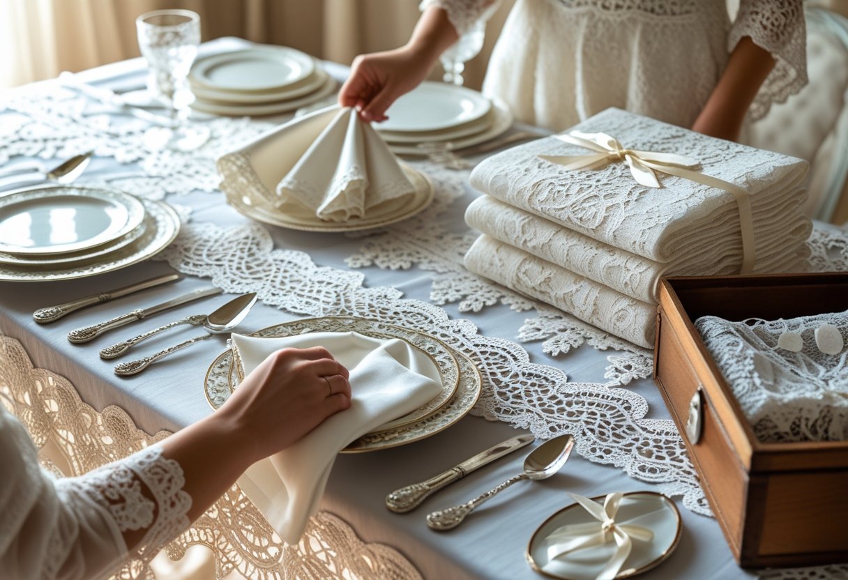 A table set with white lace tablecloths and placemats, folded lace napkins, fine china, and silverware, with hands folding lace linens and a wooden storage box nearby.