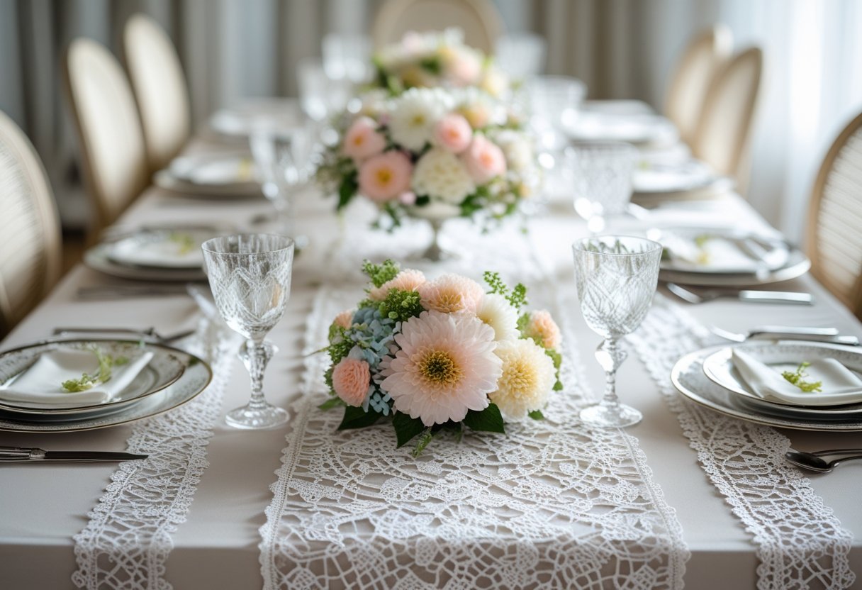 A dining table set with white lace tablecloths, fine china, glassware, silverware, and floral centerpieces.