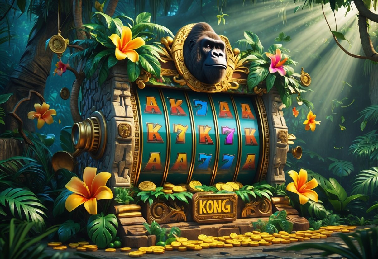 Mesin slot bertema hutan dengan gorila dan tanaman tropis di latar belakang, menunjukkan suasana petualangan dan kemenangan besar.