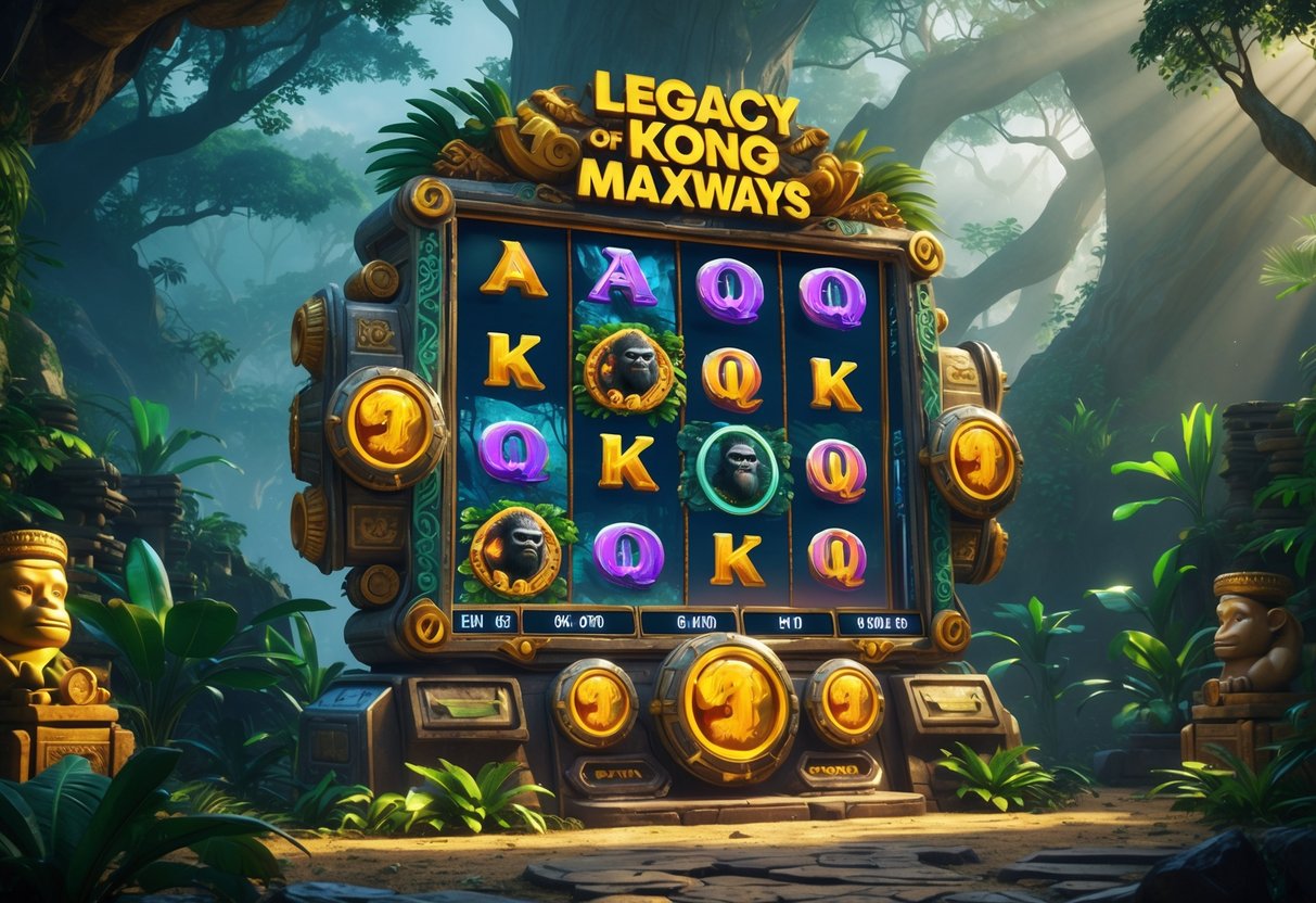 Mesin slot di tengah hutan dengan simbol binatang dan artefak kuno, dikelilingi pepohonan dan kabut.