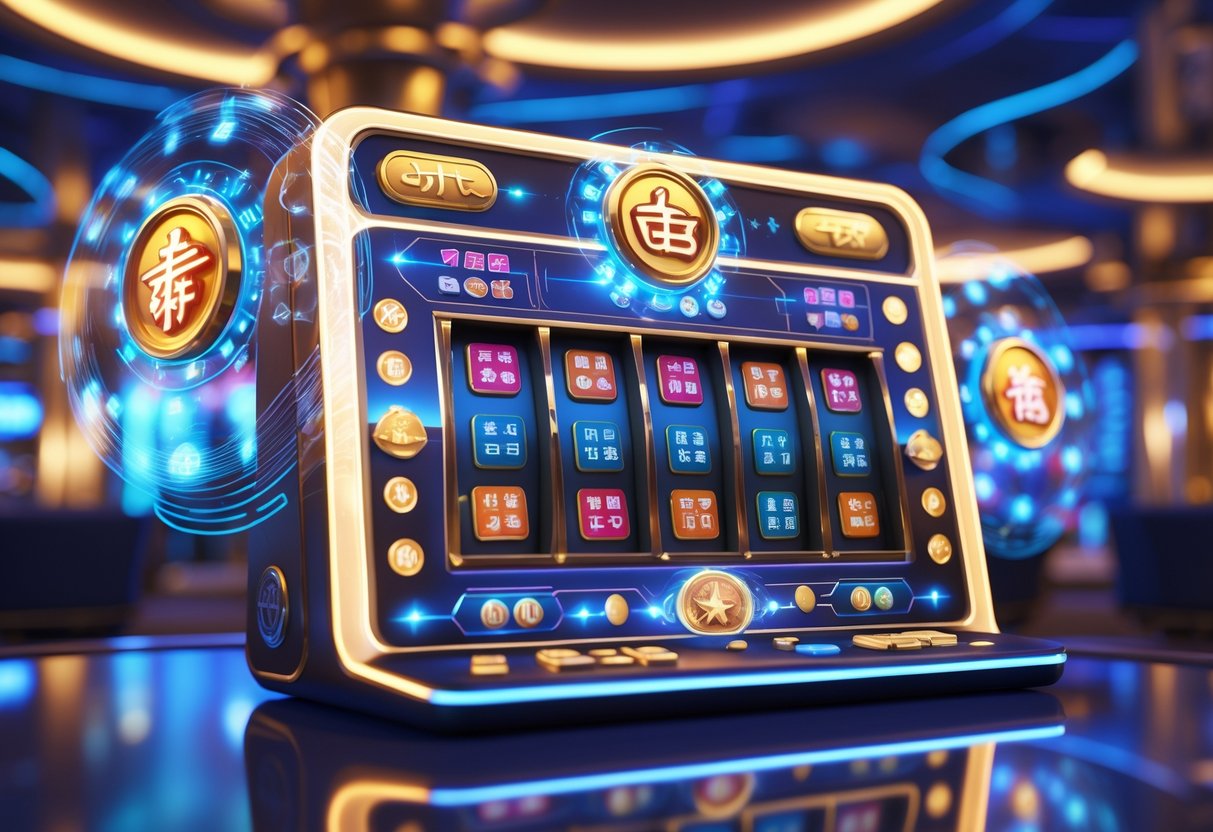 Tampilan mesin slot mahjong online dengan ubin mahjong berwarna cerah di dalam ruang kasino digital modern.