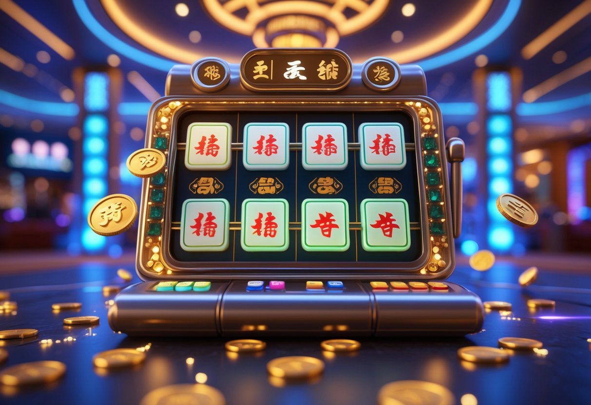 Sebuah mesin slot mahjong online dengan ubin mahjong yang bersinar di latar kasino futuristik yang mewah dan penuh lampu.