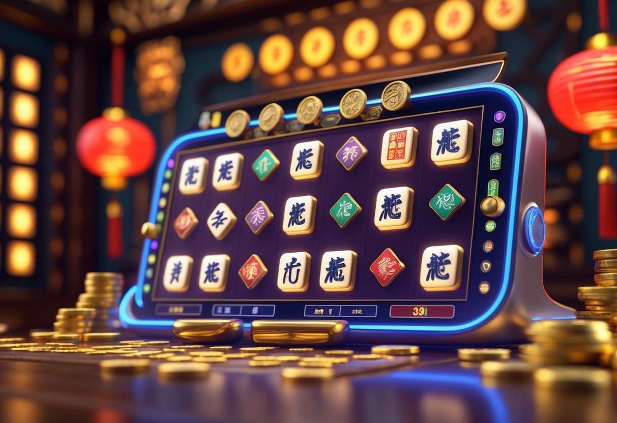 Tampilan mesin slot digital dengan ubin Mahjong yang berwarna-warni dan elemen keberuntungan seperti koin emas dan hiasan jade di latar belakang yang hangat dan dekoratif.