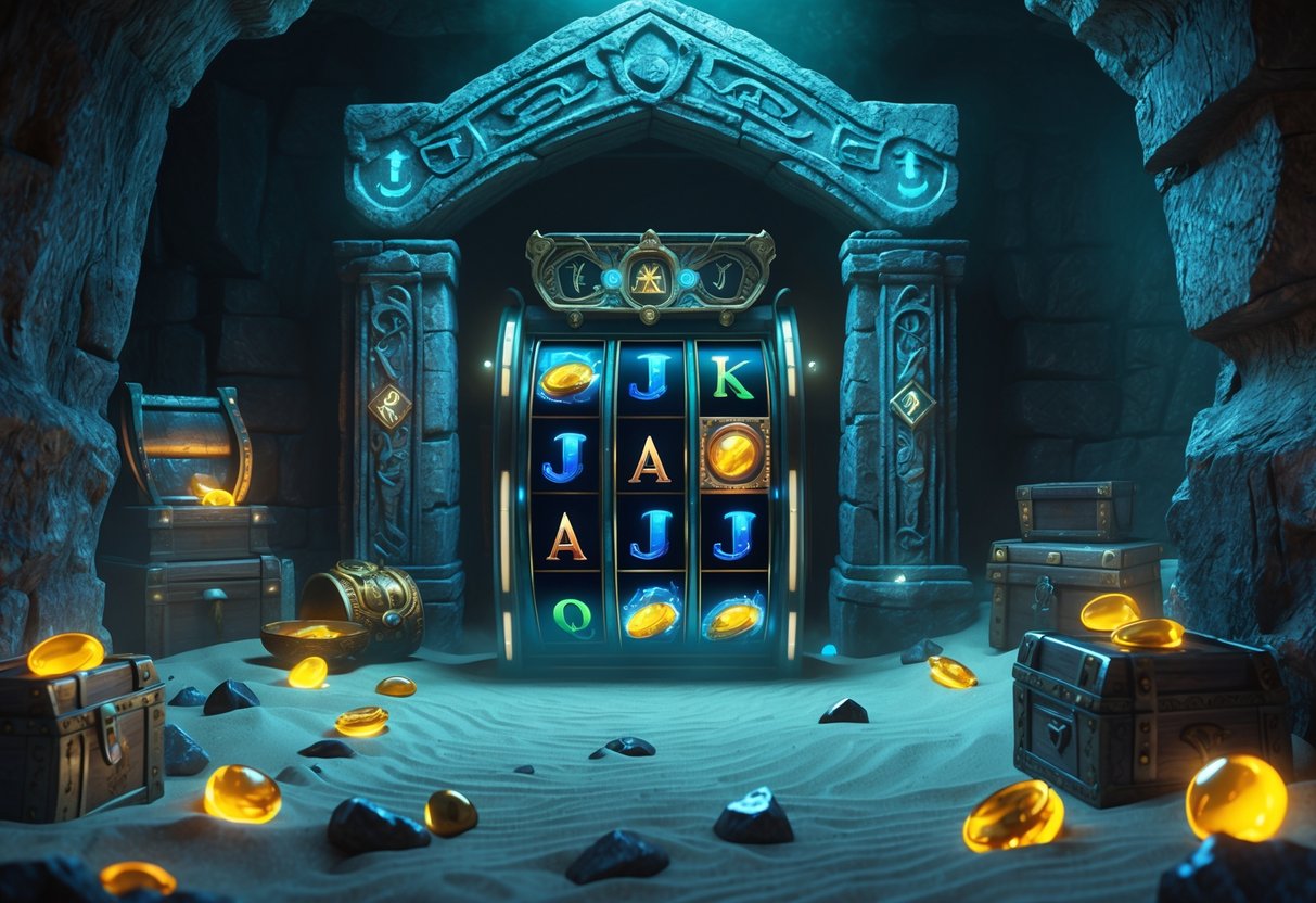 Pemandangan sebuah pintu masuk kript kuno yang misterius dengan artefak berkilau dan mesin slot modern di depannya.