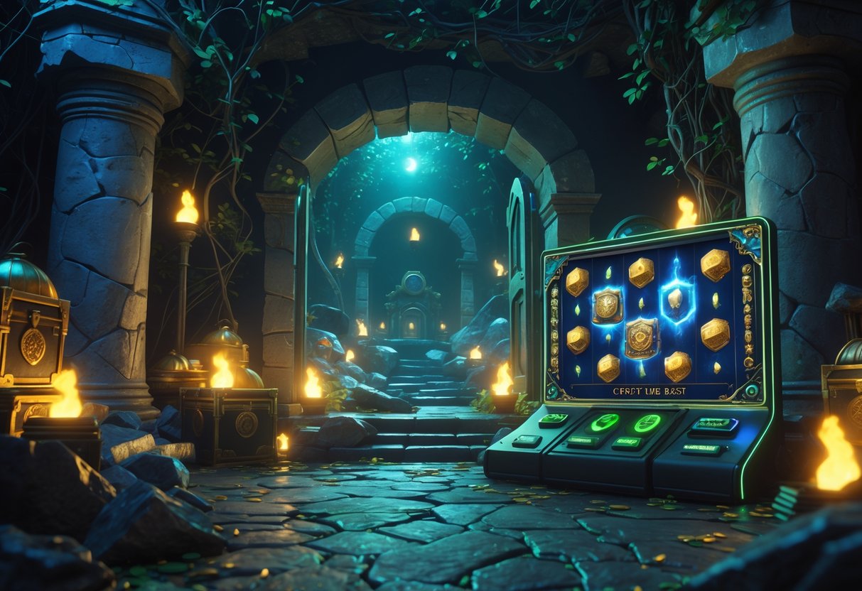 Pemandangan pintu masuk makam kuno yang terbuka dengan peti harta karun bersinar di dalamnya, dikelilingi oleh pilar batu retak dan obor yang menyala di suasana gelap dan misterius.