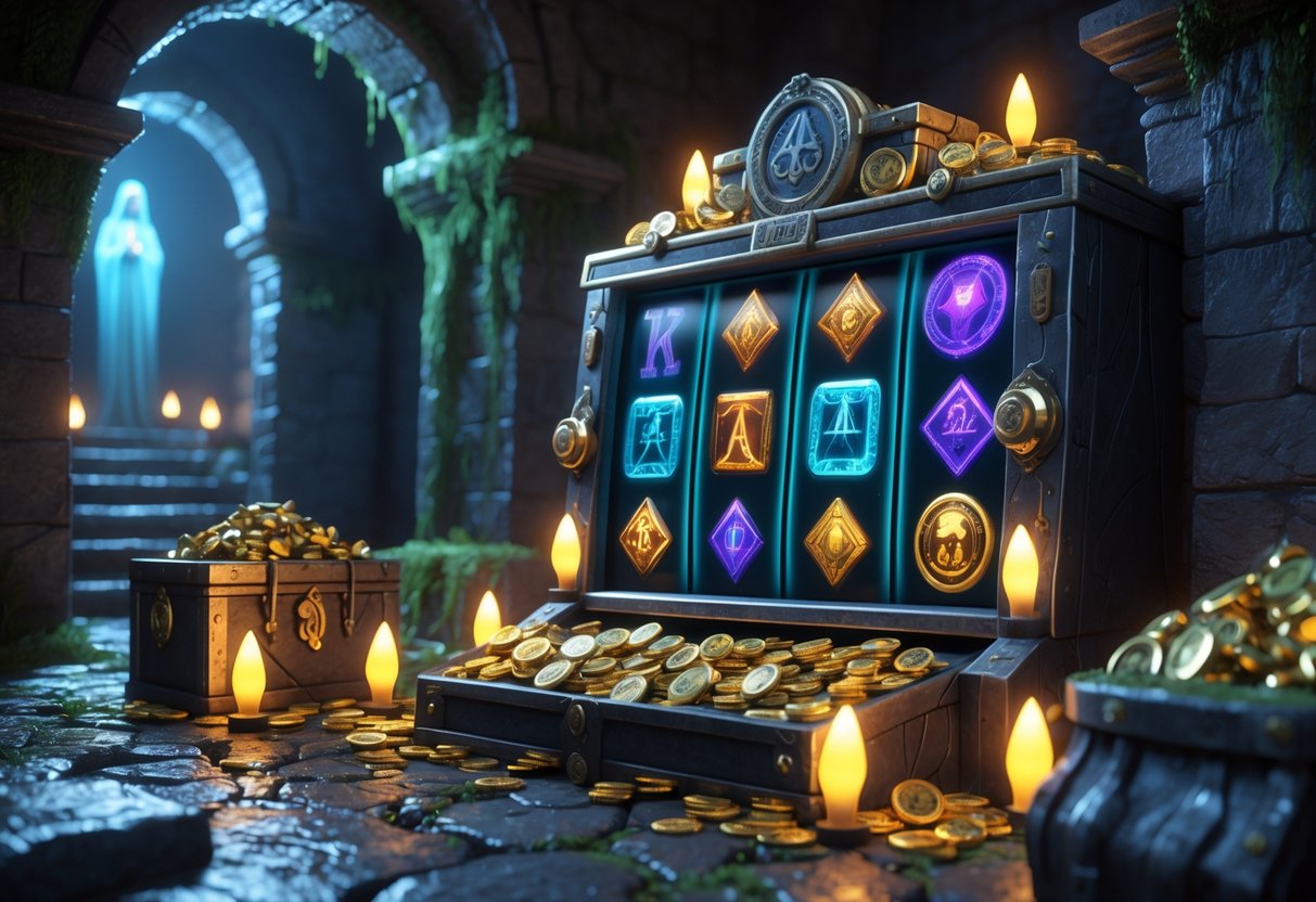 Tampilan 3D sebuah mesin slot di dalam ruang rahasia kuno dengan harta karun bersinar dan simbol misterius di gulungan mesin.