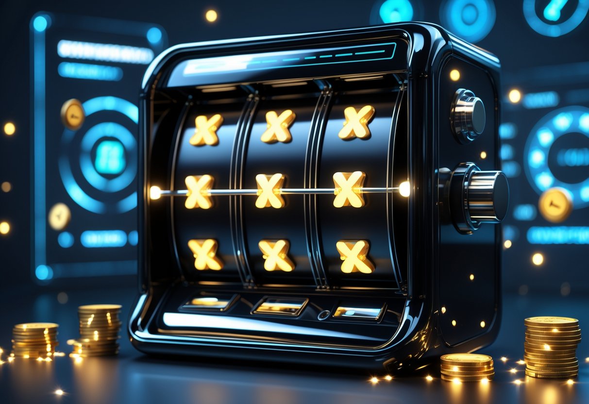 Mesin slot hitam modern dengan simbol scatter yang menyala, dikelilingi oleh elemen keamanan digital dan koin berkilauan.