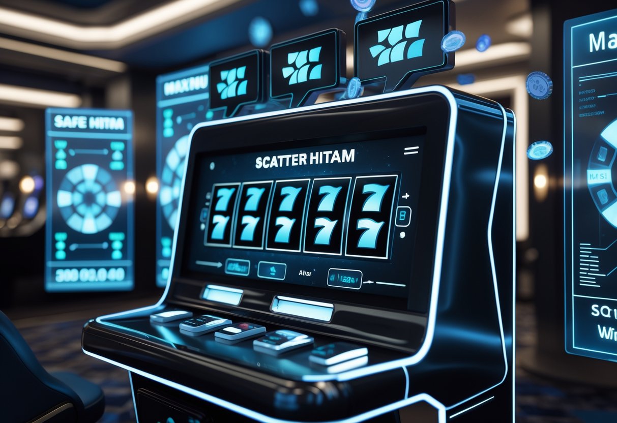 Gambaran mesin slot hitam dengan simbol scatter gelap dan grafik peluang menang di latar kasino modern.