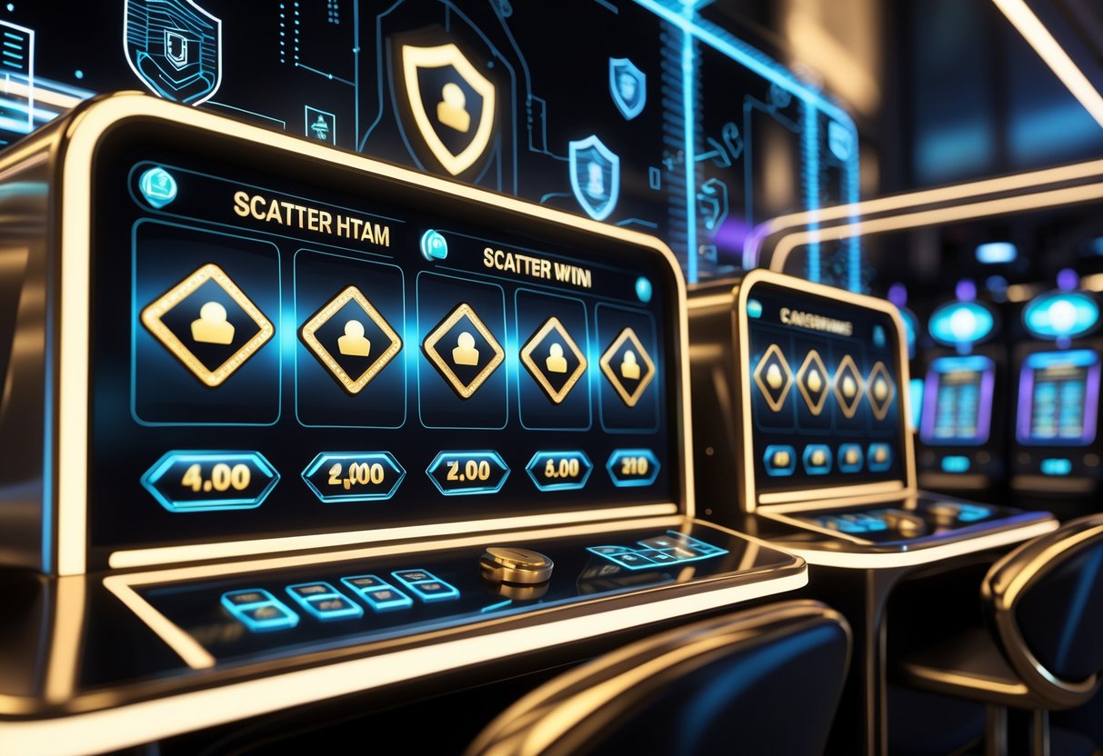 Tampilan 3D sebuah kasino digital dengan mesin slot hitam dan emas yang menampilkan simbol scatter, dikelilingi oleh elemen keamanan seperti perisai digital dan kunci.