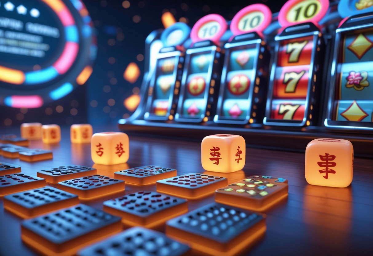 Tampilan 3D dari meja permainan mahjong dan mesin slot di lingkungan kasino digital yang modern dan aman.