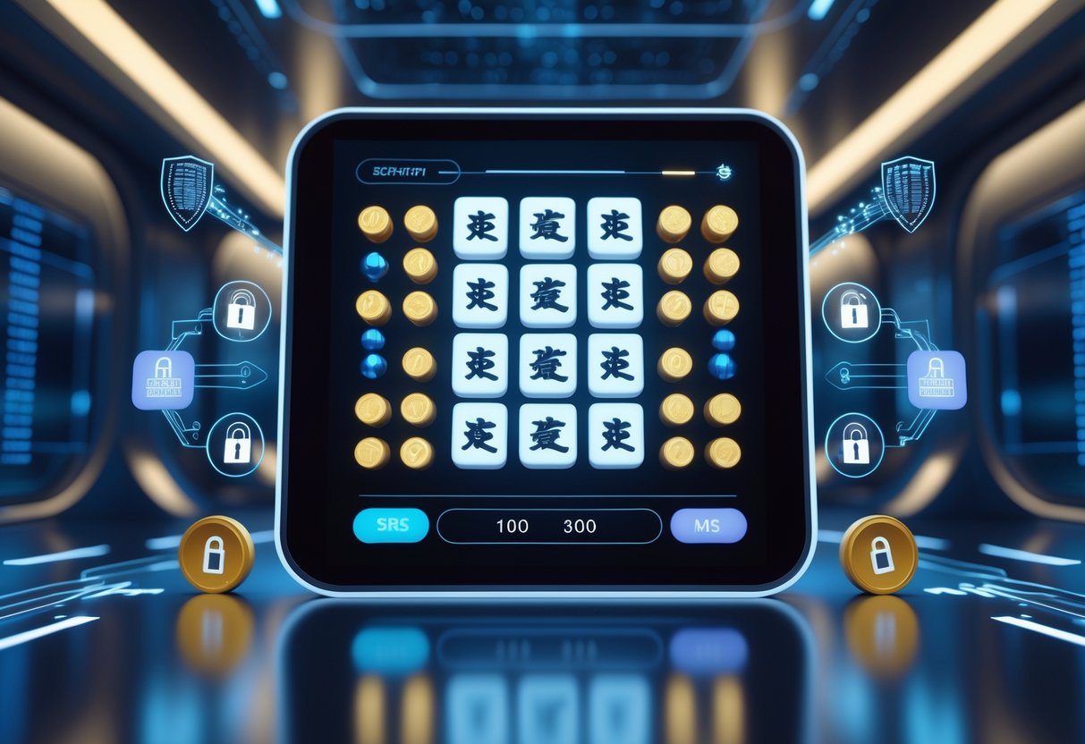 Tampilan antarmuka digital dengan elemen permainan Mahjong dan mesin slot, dikelilingi oleh simbol keamanan seperti kunci digital dan perisai, dalam ruangan futuristik dengan cahaya lembut.