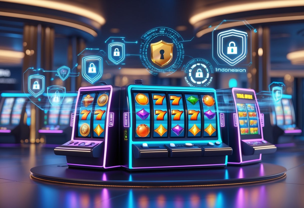 Tampilan 3D dari mesin slot online yang berwarna-warni di kasino digital modern dengan elemen keamanan dan motif budaya Indonesia.