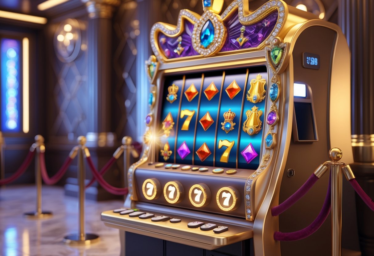 Sebuah mesin slot bertema putri yang megah dengan ornamen mahkota dan permata, dikelilingi oleh suasana kasino yang mewah dan aman.