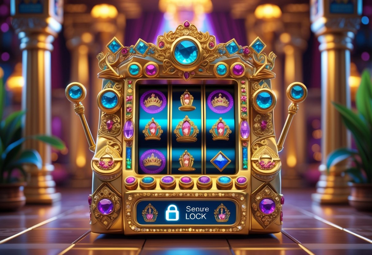 Mesin slot online bertema putri dengan dekorasi mewah dan latar istana yang indah, menampilkan simbol mahkota, permata, dan pola batik Indonesia.