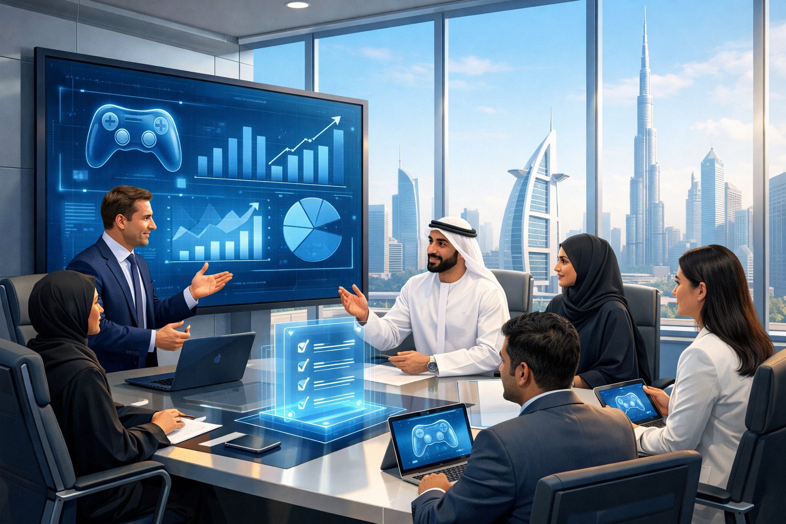 Business professionals collaborating in an office with digital charts and UAE cityscape visible through windows.