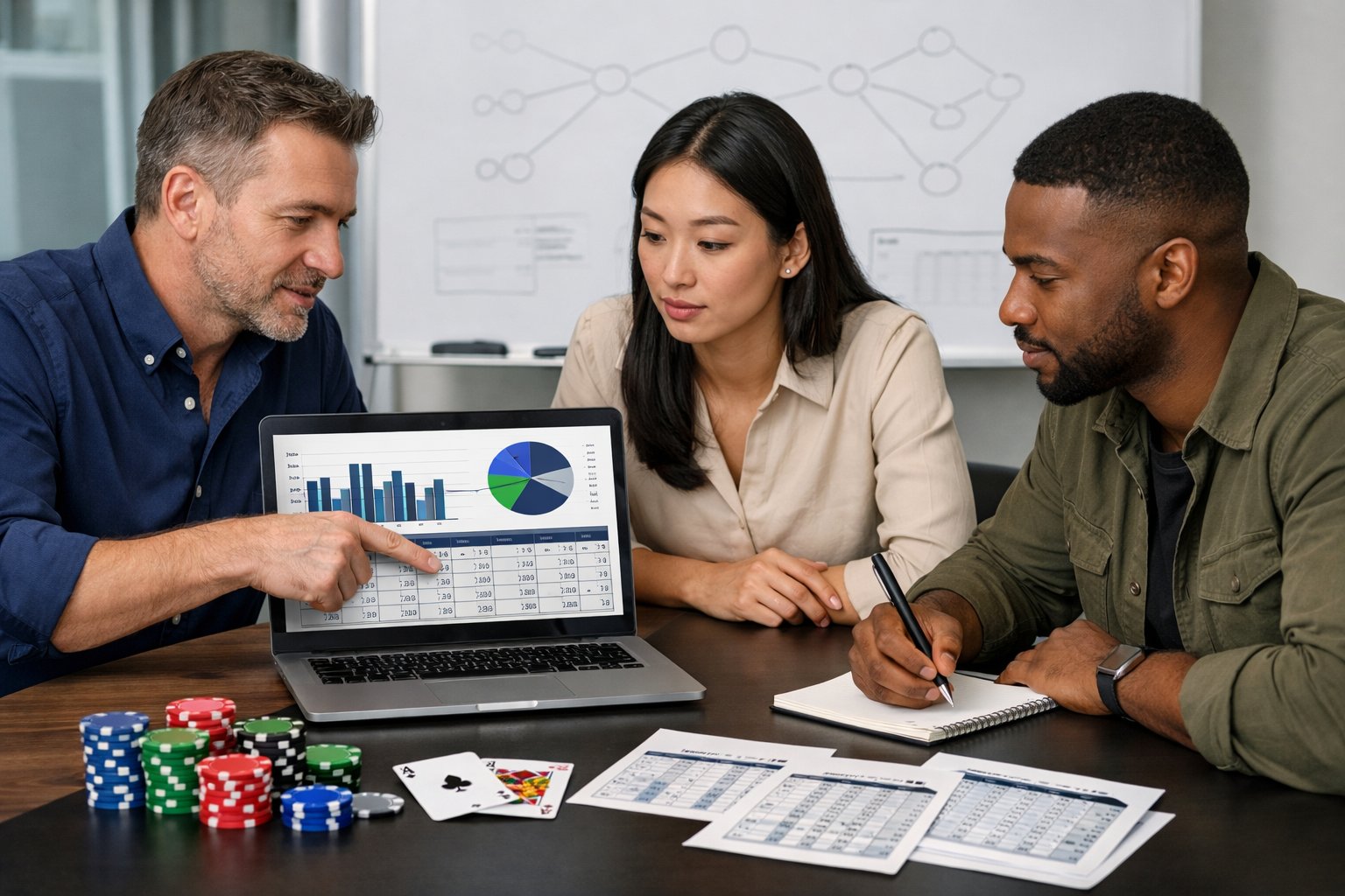 Three people discussing betting odds and systems around a table with poker chips, cards, and a laptop displaying charts.