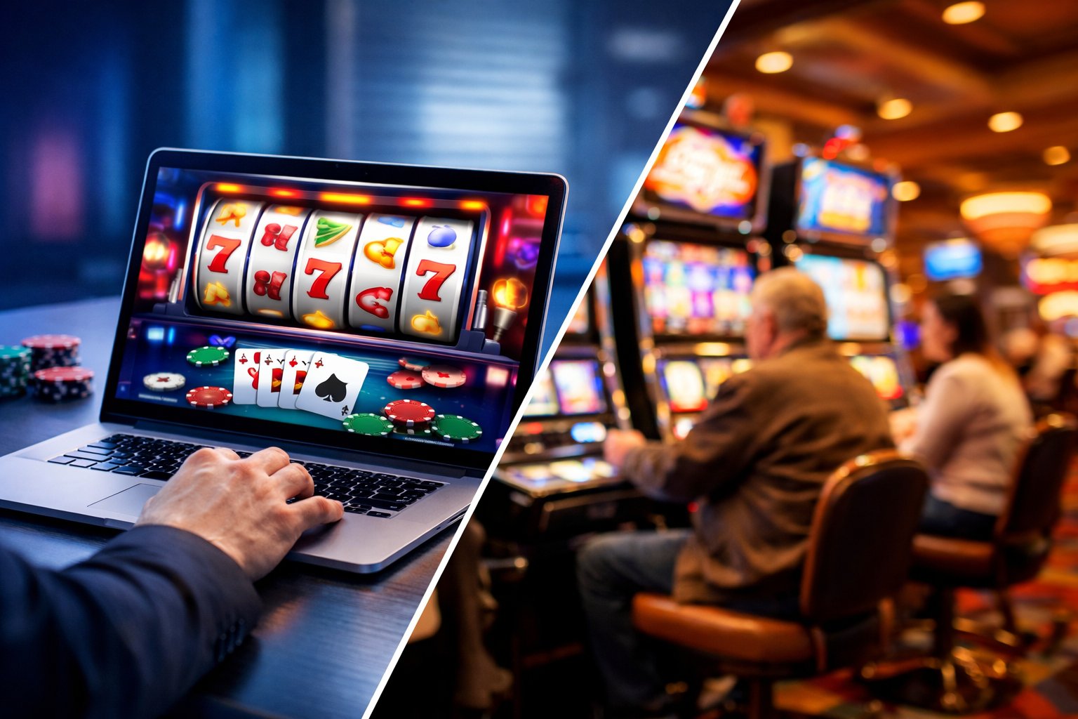 A person playing casino games on a laptop with colorful game graphics, next to a blurred background of a real casino with slot machines and people.