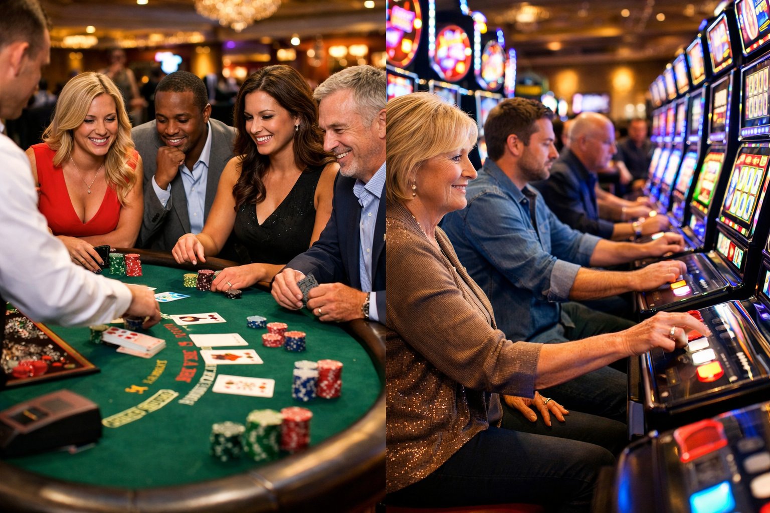 A casino scene showing people playing table games like poker on one side and others using slot machines on the other side.
