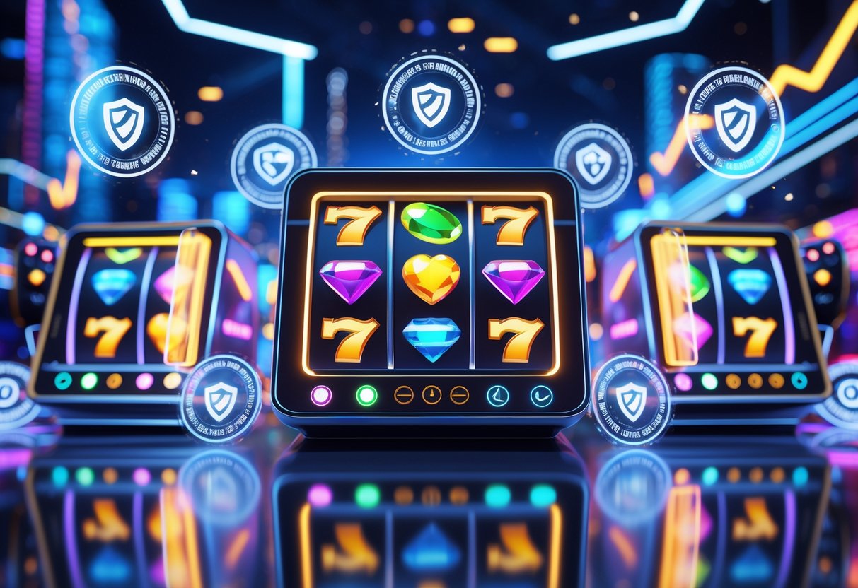 Pemandangan 3D dari lingkungan permainan slot online dengan mesin slot berwarna-warni dan ikon keamanan yang menunjukkan kepercayaan dan keaslian.