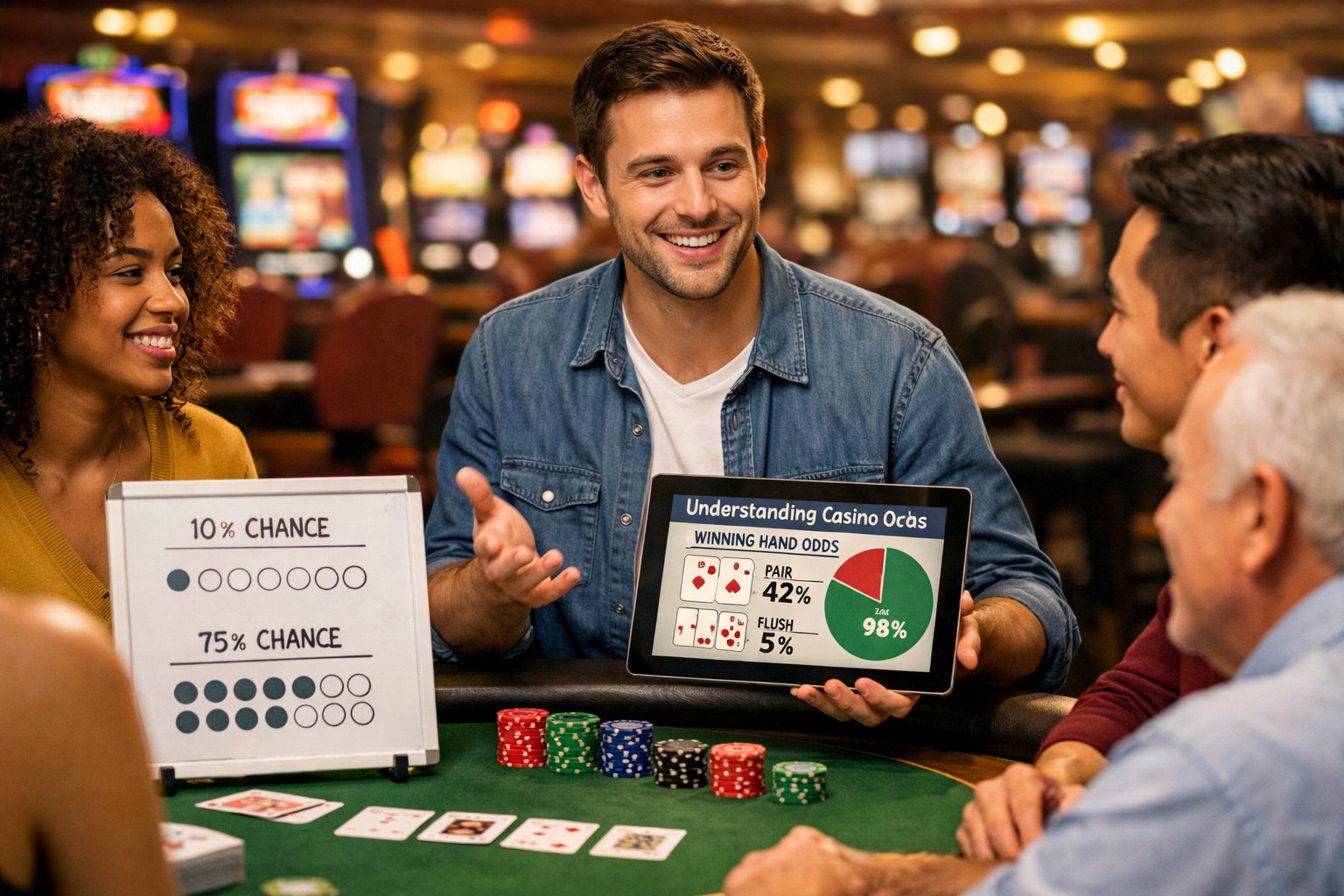A group of people gathered around a poker table in a casino, with one person explaining casino odds using visual aids while others listen attentively.