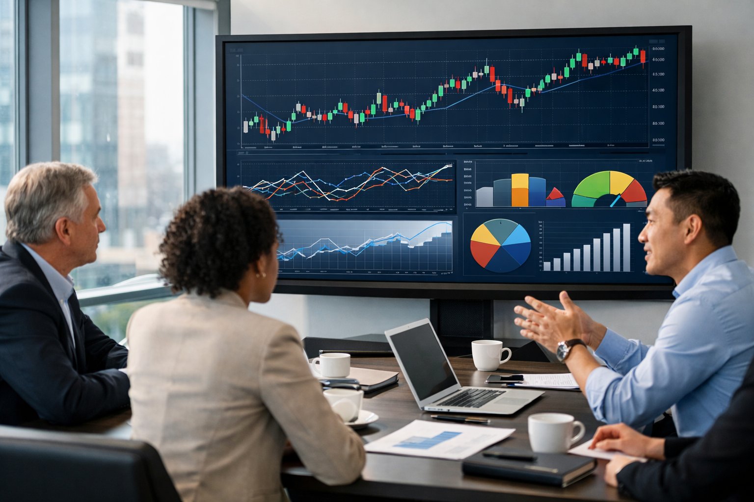 Des professionnels en réunion dans un bureau moderne analysant des graphiques financiers sur un écran.