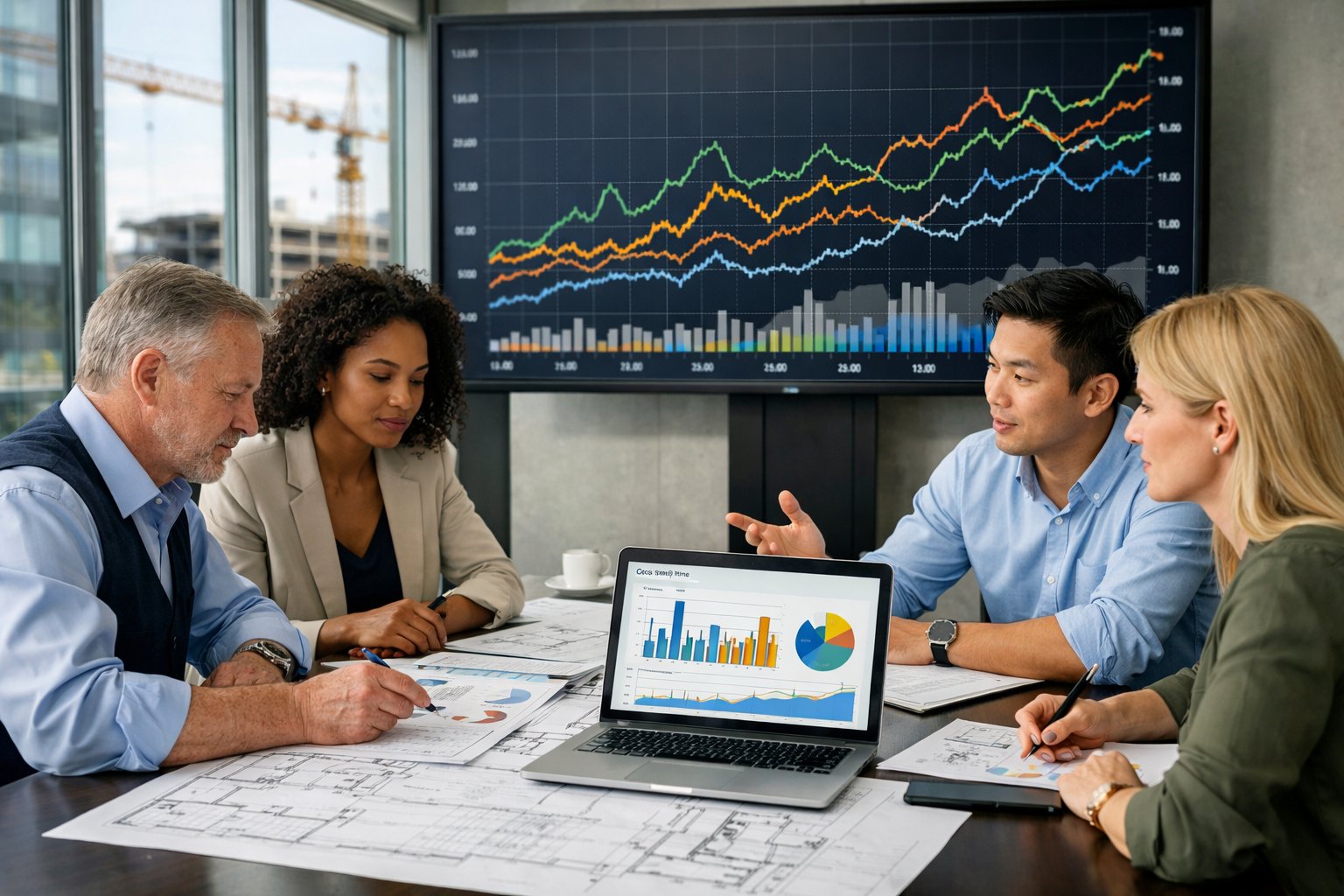 Des professionnels discutant autour d'une table avec des plans et des graphiques de coûts de chantier dans un bureau lumineux.