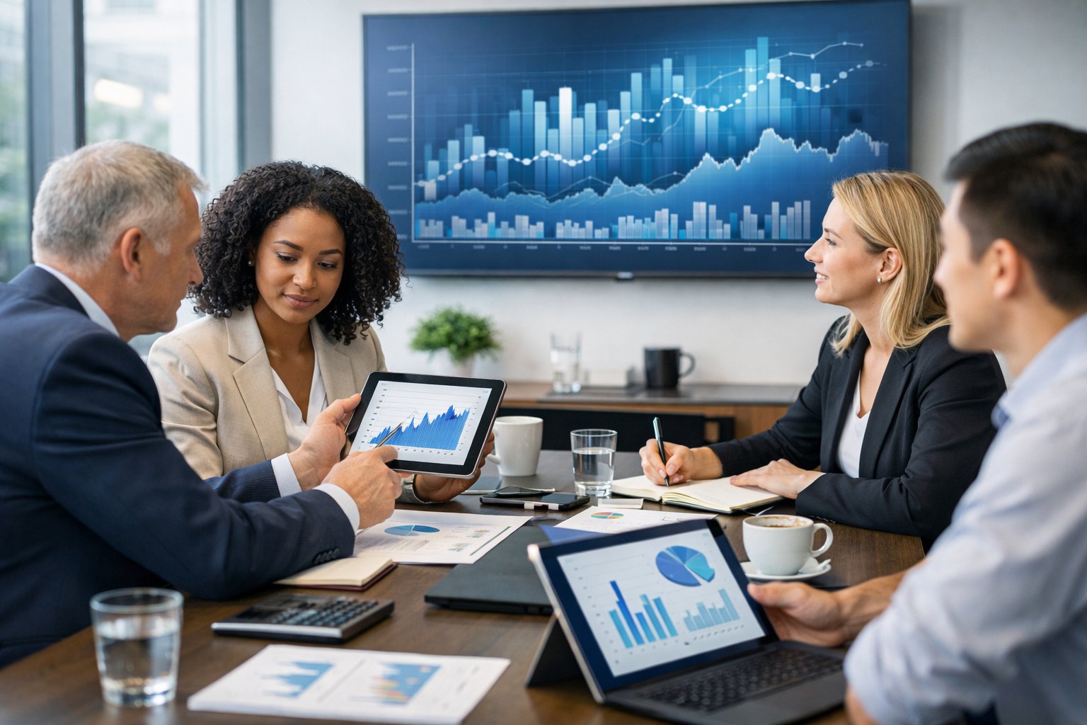 Des professionnels en réunion dans un bureau moderne, analysant des graphiques financiers sur des écrans et des documents.