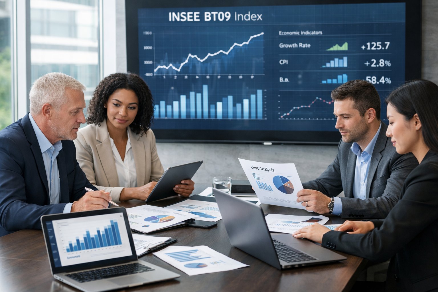 Des professionnels en réunion autour d'une table de conférence avec des ordinateurs et des graphiques, discutant de données économiques.