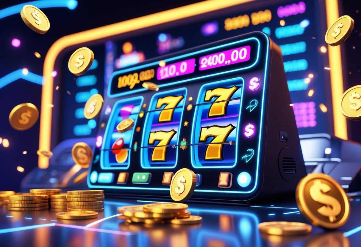 Adegan mesin slot online dengan koin berkilau dan grafik kemenangan di latar belakang futuristik.