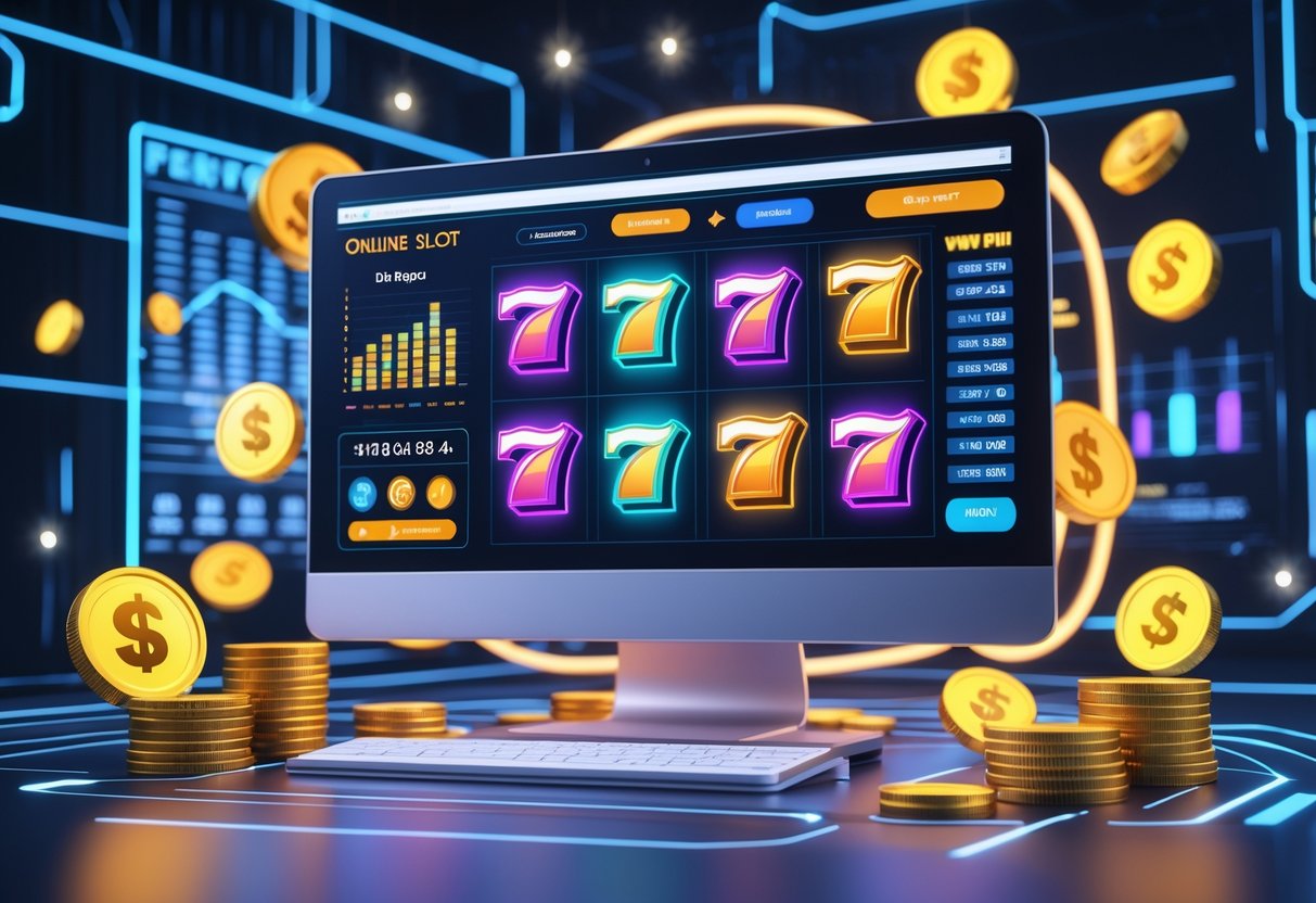 Tampilan layar komputer dengan ikon mesin slot, koin bersinar, dan grafik potensi keuntungan dalam suasana teknologi futuristik.