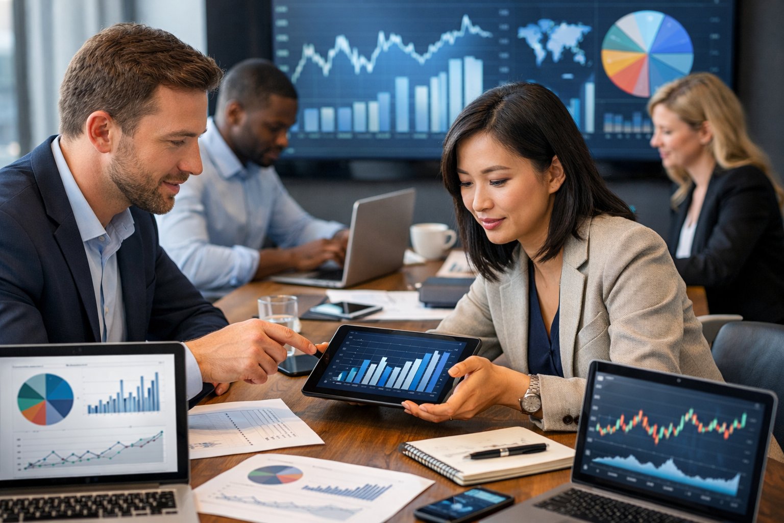 Des professionnels travaillant ensemble autour d'une table avec des ordinateurs et des graphiques de données dans un bureau moderne.