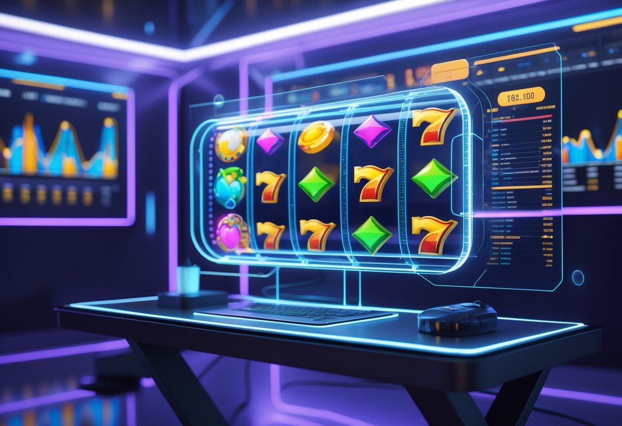 Tampilan 3D dari dashboard digital futuristik dengan mesin slot berwarna-warni dan grafik statistik di ruangan berlampu neon biru dan ungu.