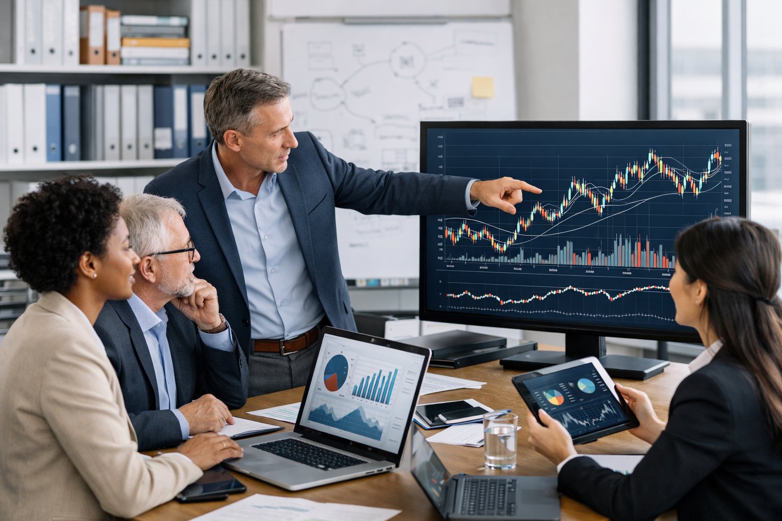 Des professionnels en réunion autour d'un bureau avec des écrans affichant des graphiques financiers, travaillant ensemble sur l'actualisation des prix.