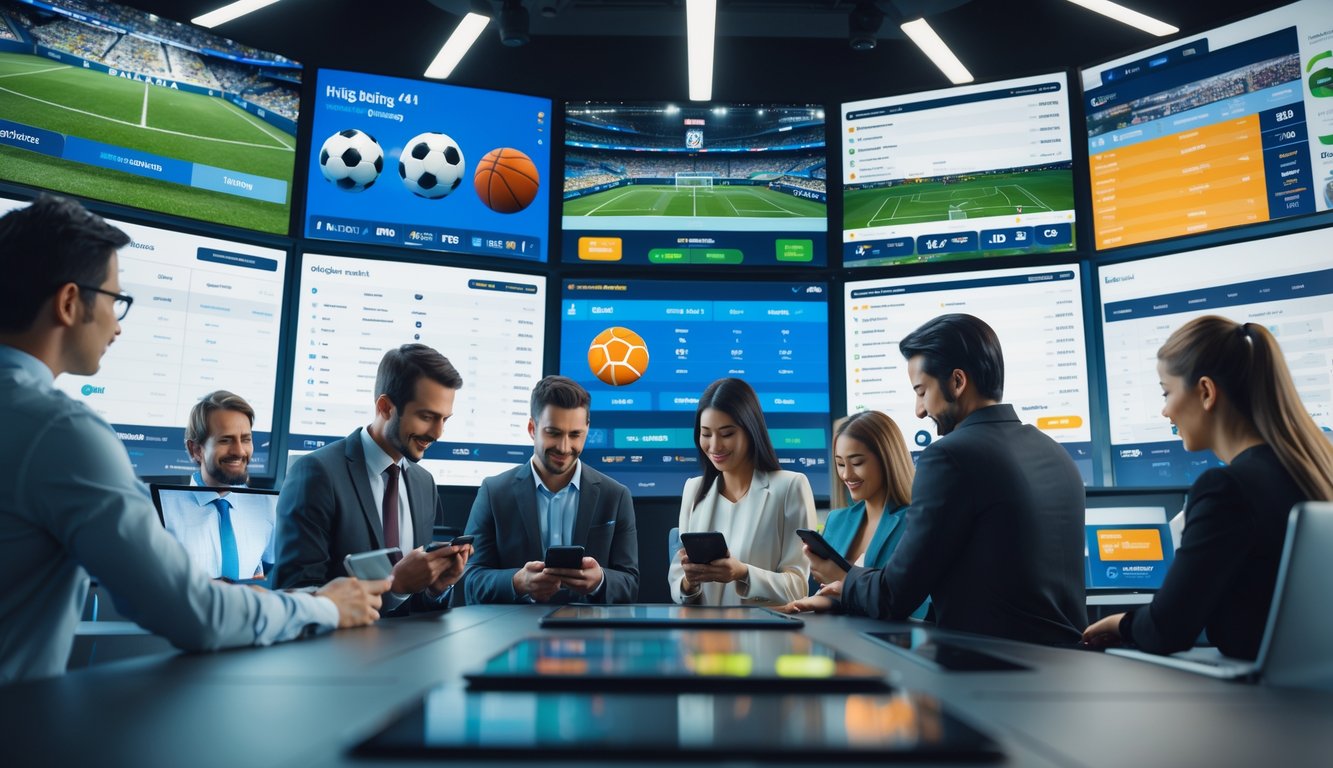 Beberapa orang menggunakan perangkat digital untuk mengakses pertandingan olahraga global secara online di ruangan modern dengan layar besar menampilkan berbagai pertandingan olahraga.