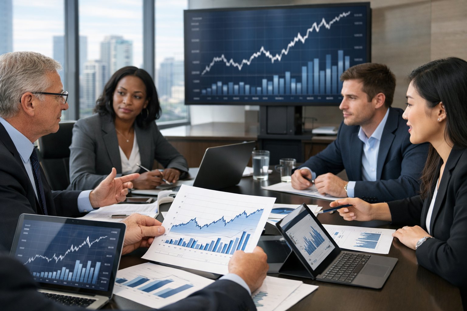 Des professionnels en réunion dans une salle de conférence moderne, analysant des graphiques et des données économiques sur des ordinateurs portables et des documents.