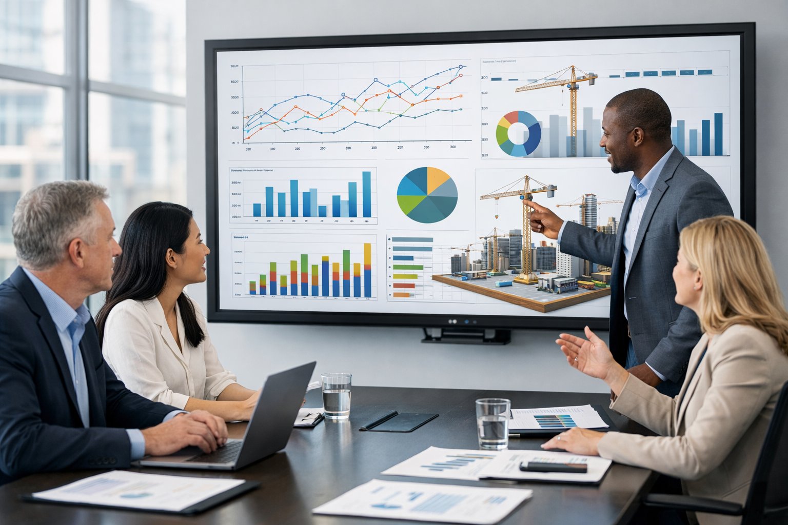 Des professionnels en réunion dans un bureau moderne, discutant de graphiques et de données sur un écran numérique pour gérer des marchés et des chantiers.