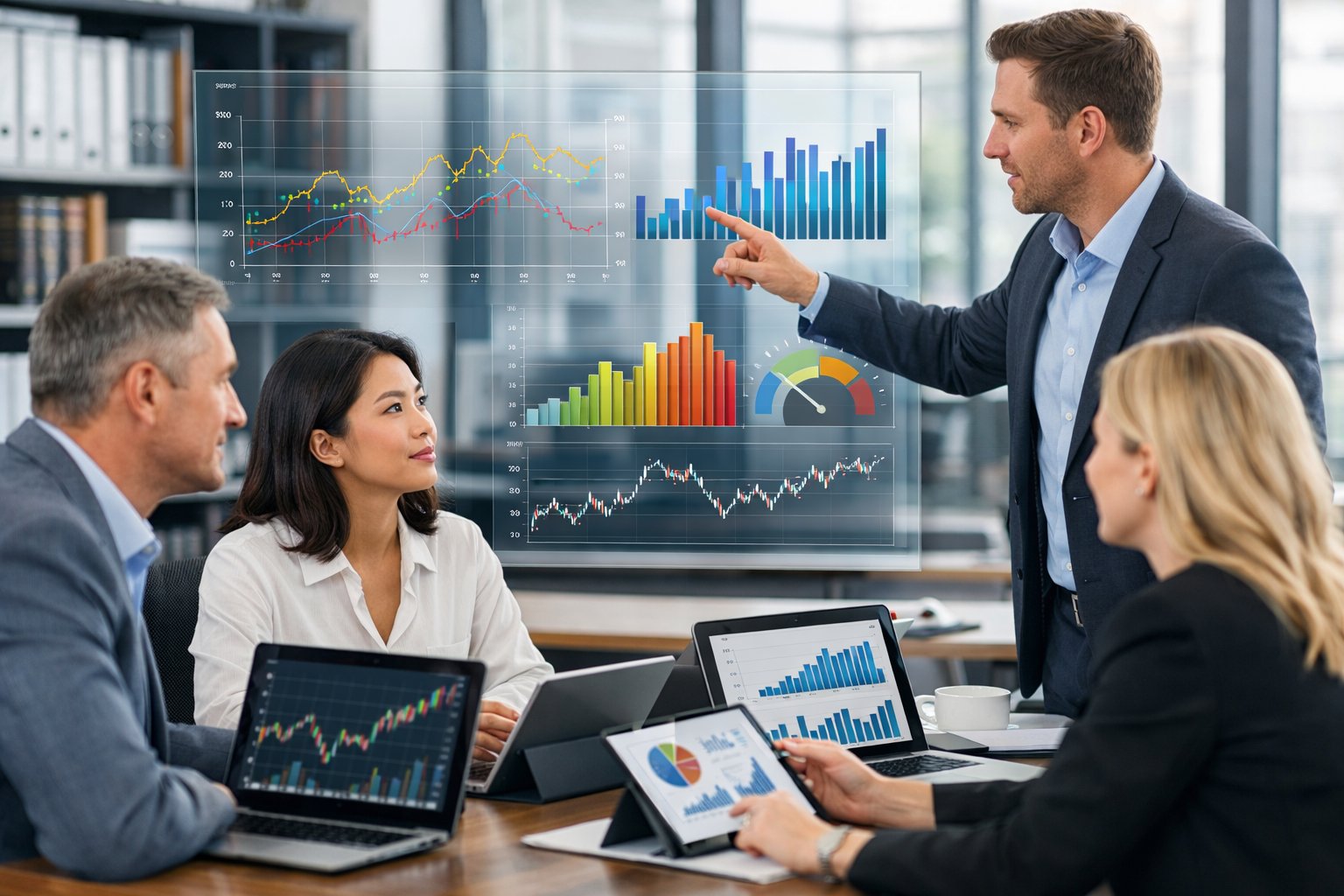 Un groupe de professionnels en réunion autour d'une table avec des écrans affichant des graphiques et des données économiques dans un bureau moderne.