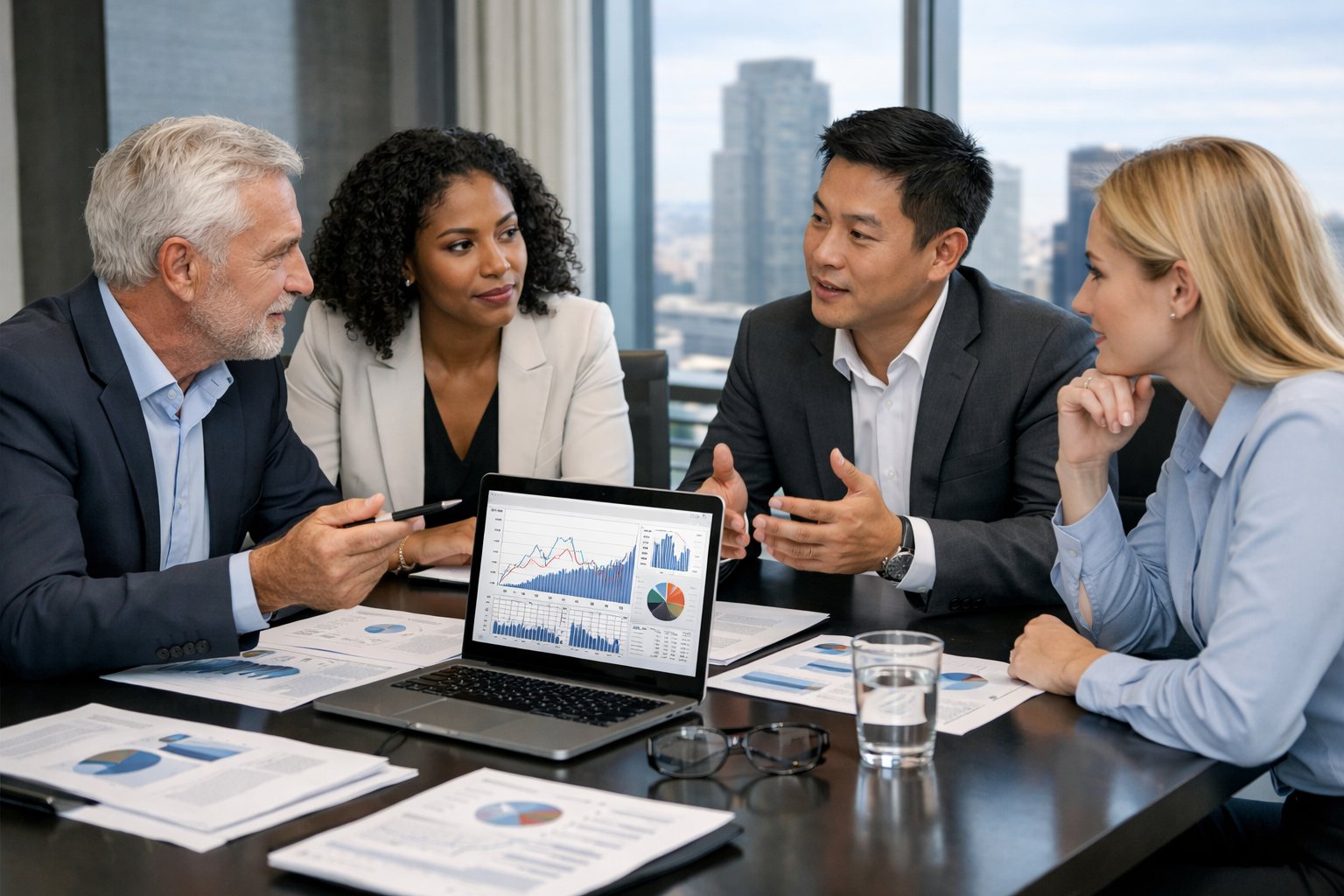 Des professionnels en réunion dans un bureau moderne, discutant autour d'une table avec des documents et un ordinateur portable affichant des graphiques financiers.