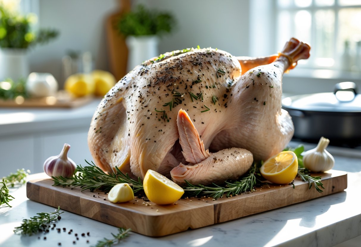 Um peru congelado temperado em uma tábua de madeira, cercado por ingredientes frescos em uma cozinha clara.