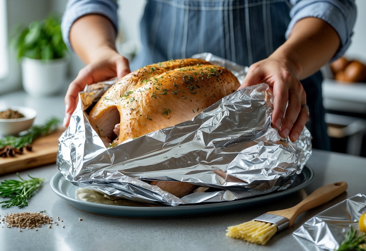 Mãos cobrindo um peru temperado congelado com papel alumínio em uma cozinha.