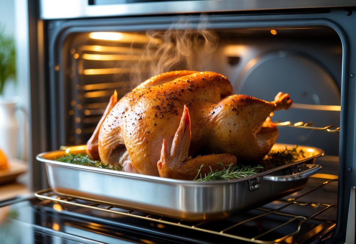 Peru temperado assando em forno quente dentro de uma cozinha moderna.