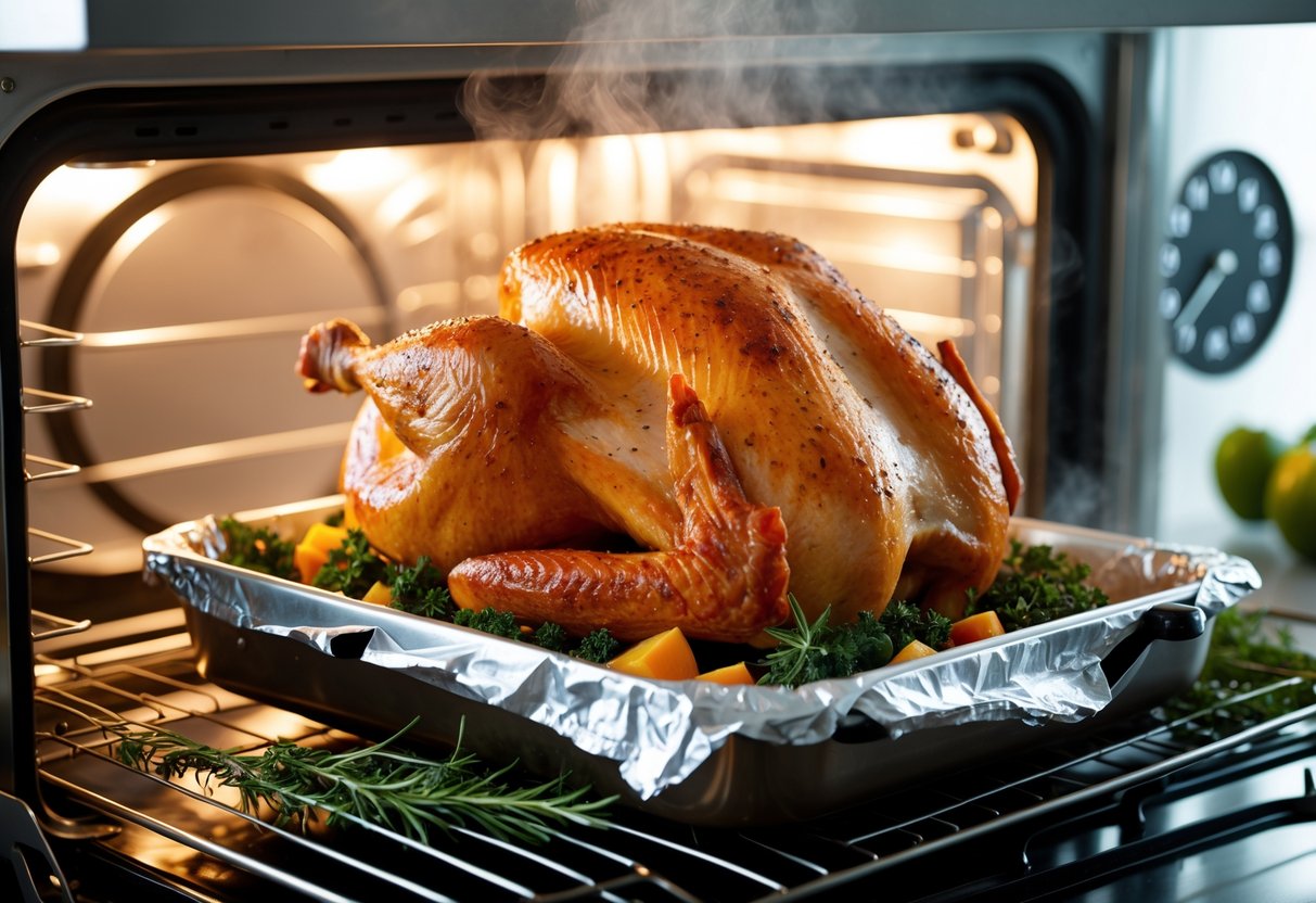 Peru temperado assando no forno com papel alumínio parcialmente removido para dourar a pele.