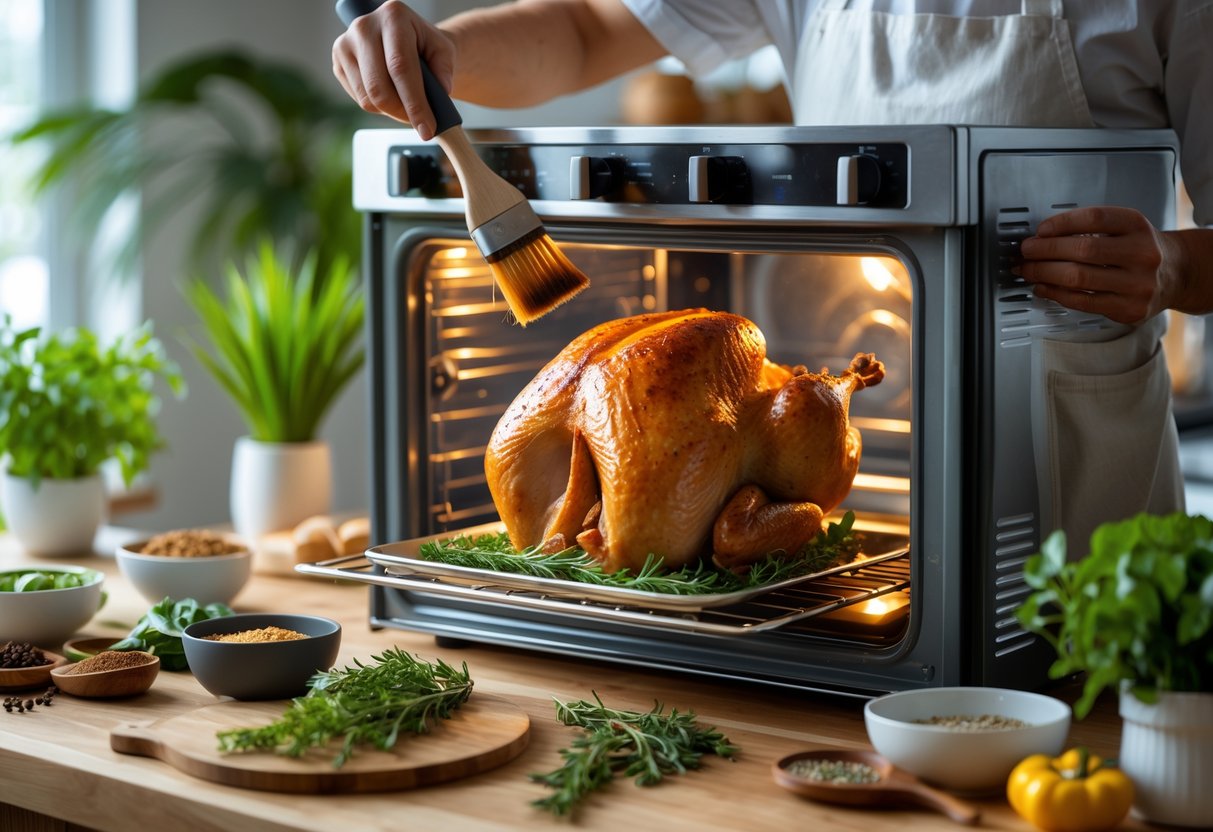 Uma cozinha moderna com um peru dourado assando no forno, cercado por ervas frescas e utensílios de cozinha, com uma pessoa aplicando tempero no peru.