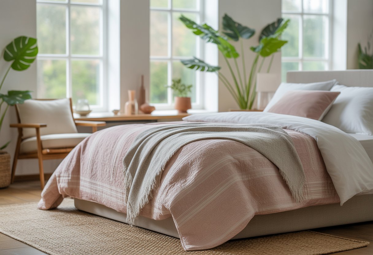 Ein helles Schlafzimmer mit einem sorgfältig bezogenen Bett und einer eleganten Tagesdecke, umgeben von minimalistischer Einrichtung und Pflanzen.