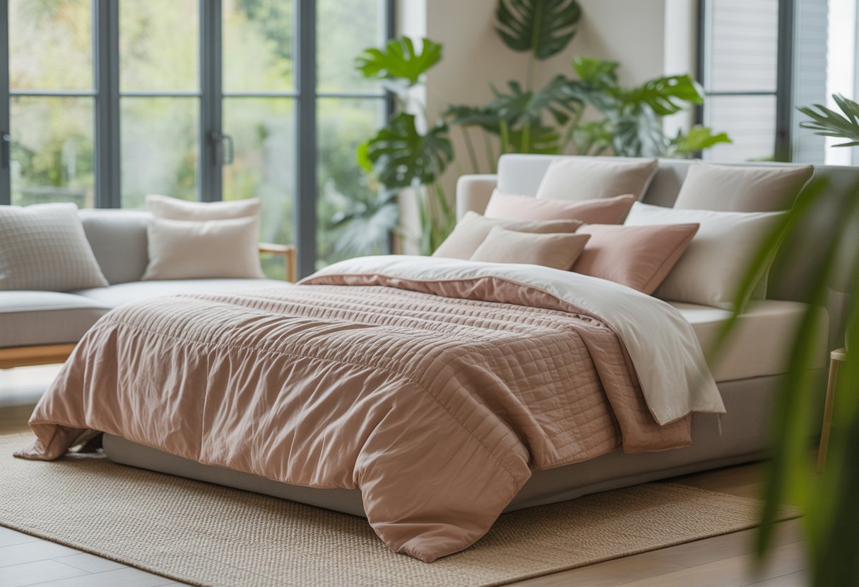 Ein modernes Schlafzimmer mit einem ordentlich gemachten Bett und einer eleganten Tagesdecke, umgeben von minimalistischem Mobiliar und Pflanzen.