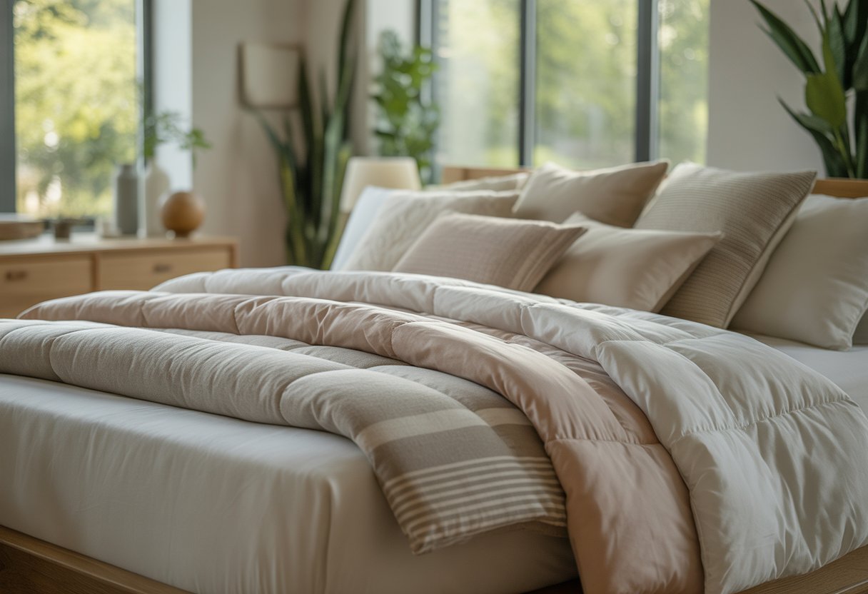 Verschiedene Tagesdecken aus unterschiedlichen Materialien liegen ordentlich auf einem Bett in einem hellen Schlafzimmer.